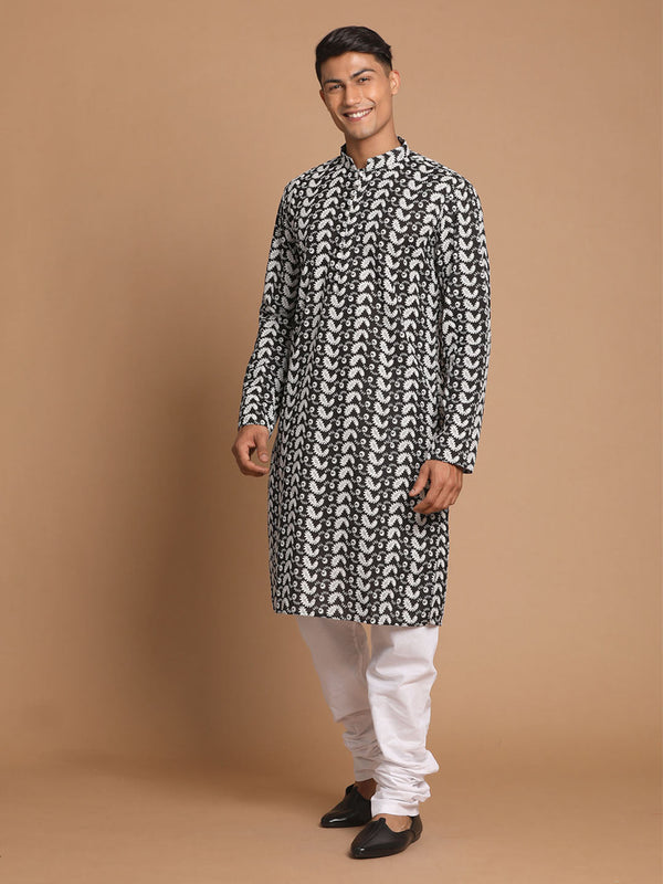 Jashvi Men's Black Pure Cotton Chikankari Kurta Pyjama Set