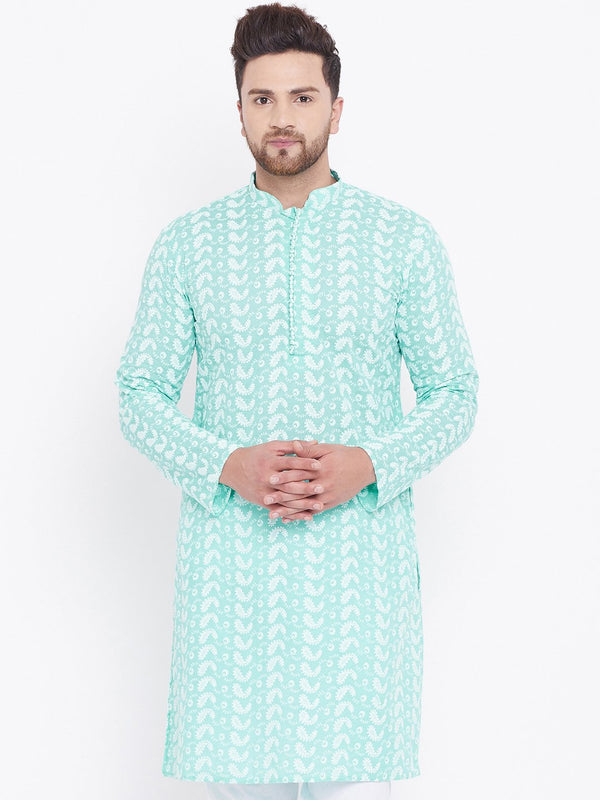 Men's Green Pure Cotton Chikankari Kurta - Vastramay