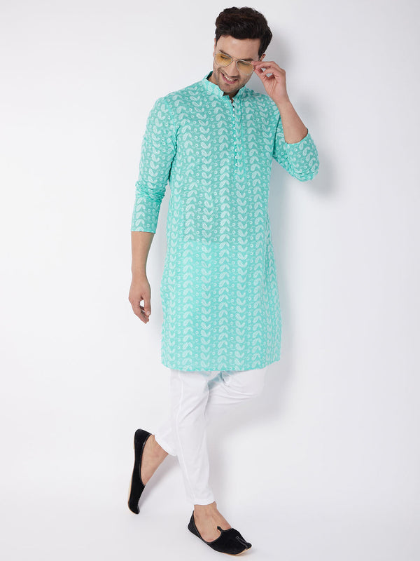 Jashvi Men's Green Pure Cotton Chikankari Kurta With Pant Set