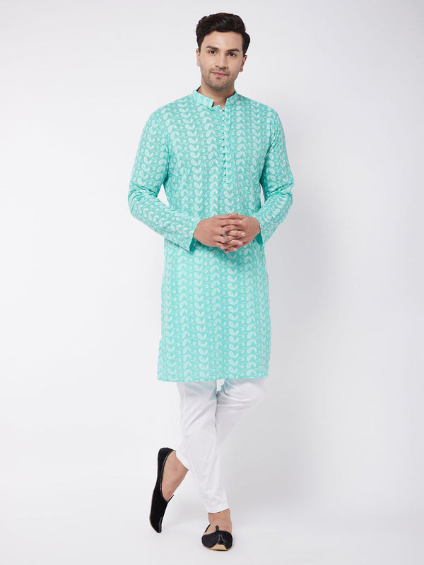 Jashvi Men's Green Pure Cotton Chikankari Kurta With Pant set