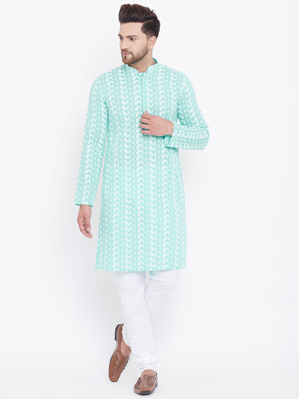 Jashvi Men's Green Pure Cotton Chikankari Kurta Pyjama Set