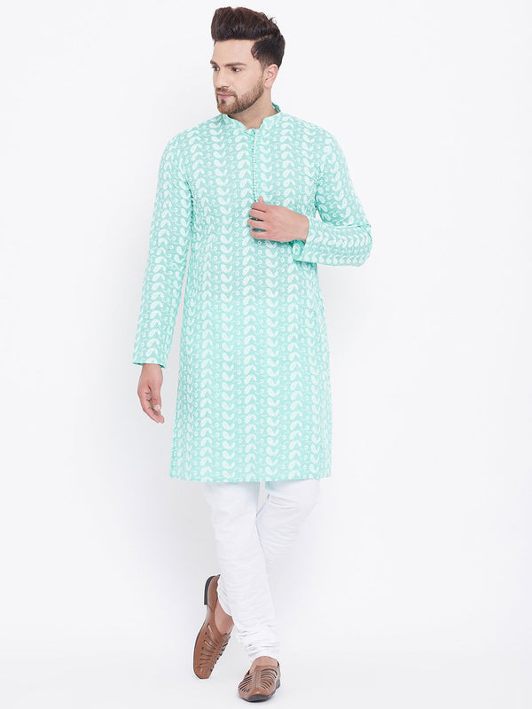 Men's Green and White Chikankari Kurta Pyjama Set - Vastramay