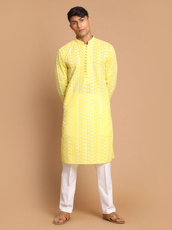 Jashvi Men's Mustard Pure Cotton Chikankari Kurta With Pant set