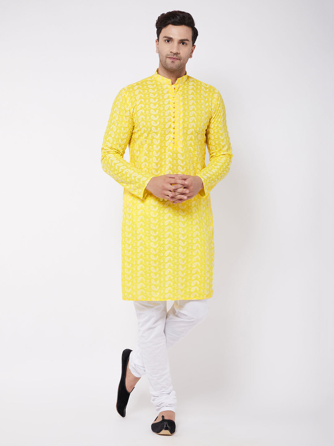 Men's Mustard And White Pure Cotton Kurta Pyjama Set - Vastramay