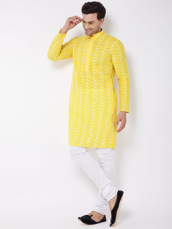 Jashvi Men's Mustard Pure Cotton Chikankari Kurta Pyjama Set