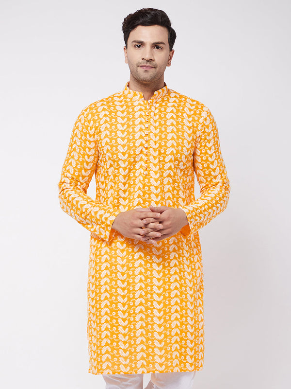 Jashvi Men's Orange Pure Cotton Chikankari Kurta