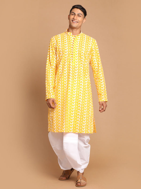 Jashvi Men's Orange Pure Cotton Chikankari Kurta With Dhoti set