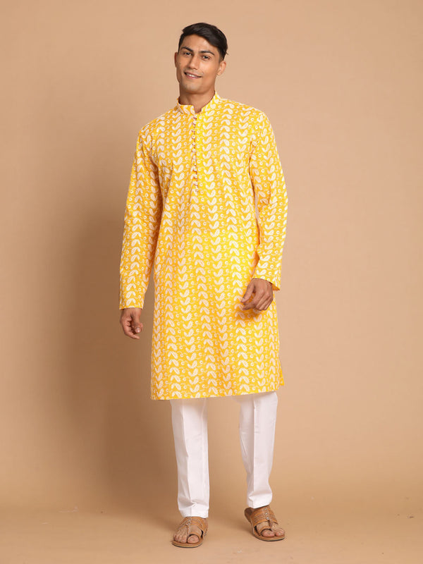 Jashvi Men's Orange Pure Cotton Chikankari Kurta With Pant set