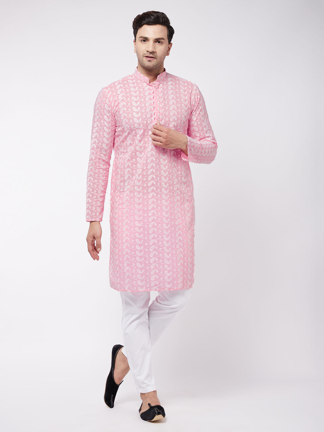 Men's Pink And White Pure Cotton Kurta Pyjama Set - Vastramay