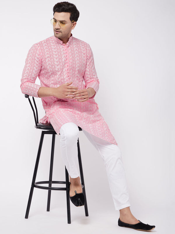 Jashvi Men's Pink Pure Cotton Chikankari Kurta With Pant Set