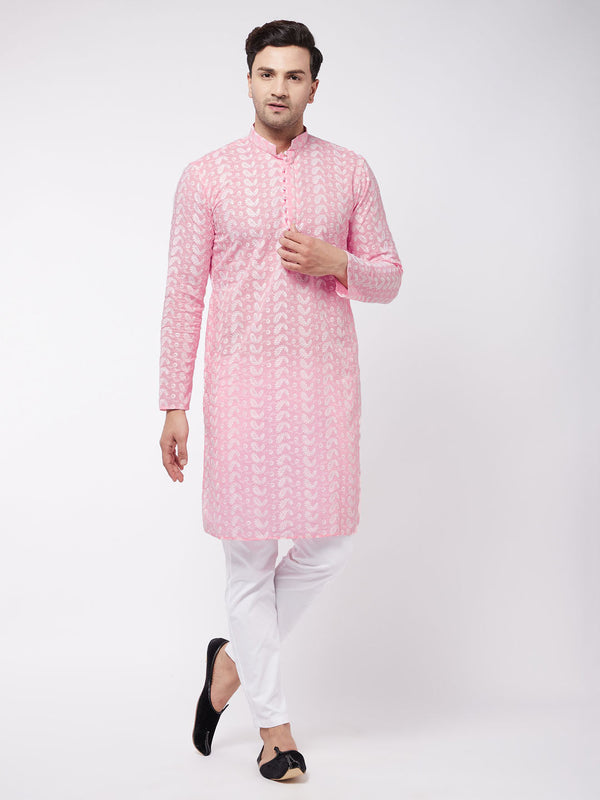 Jashvi Men's Pink Pure Cotton Chikankari Kurta With Pant set