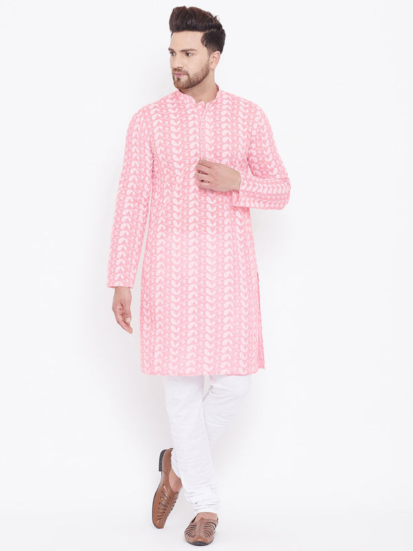 Men's Pink and White Chikankari Kurta Pyjama Set - Vastramay