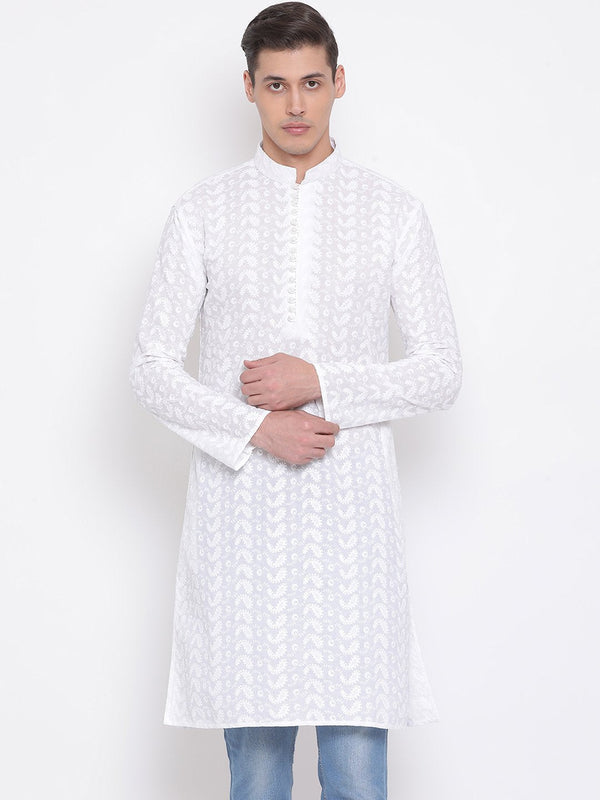 Men's White Pure Cotton Chikankari Kurta - Vastramay