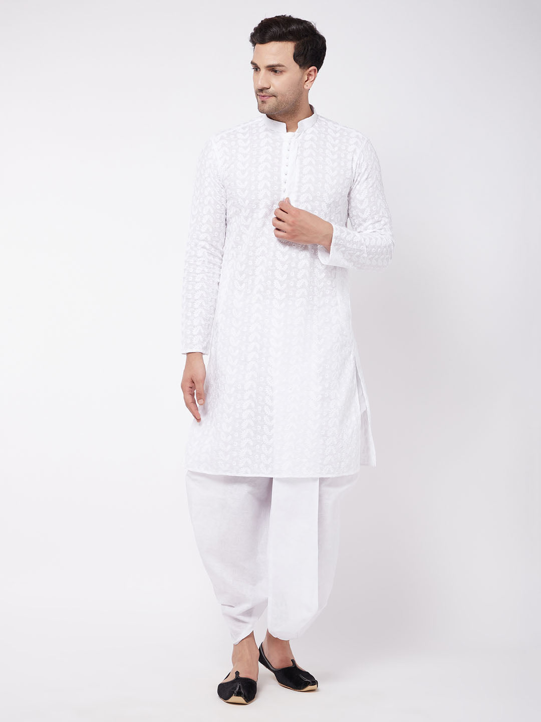 Men's White Pure Cotton Kurta And Dhoti Set - Vastramay