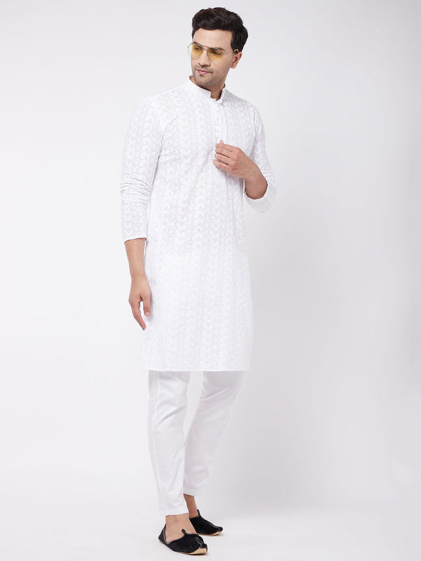 Jashvi Men's White Pure Cotton Chikankari Kurta With Pant Set