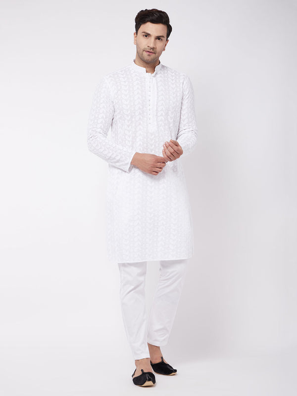 Jashvi Men's White Pure Cotton Chikankari Kurta With Pant set