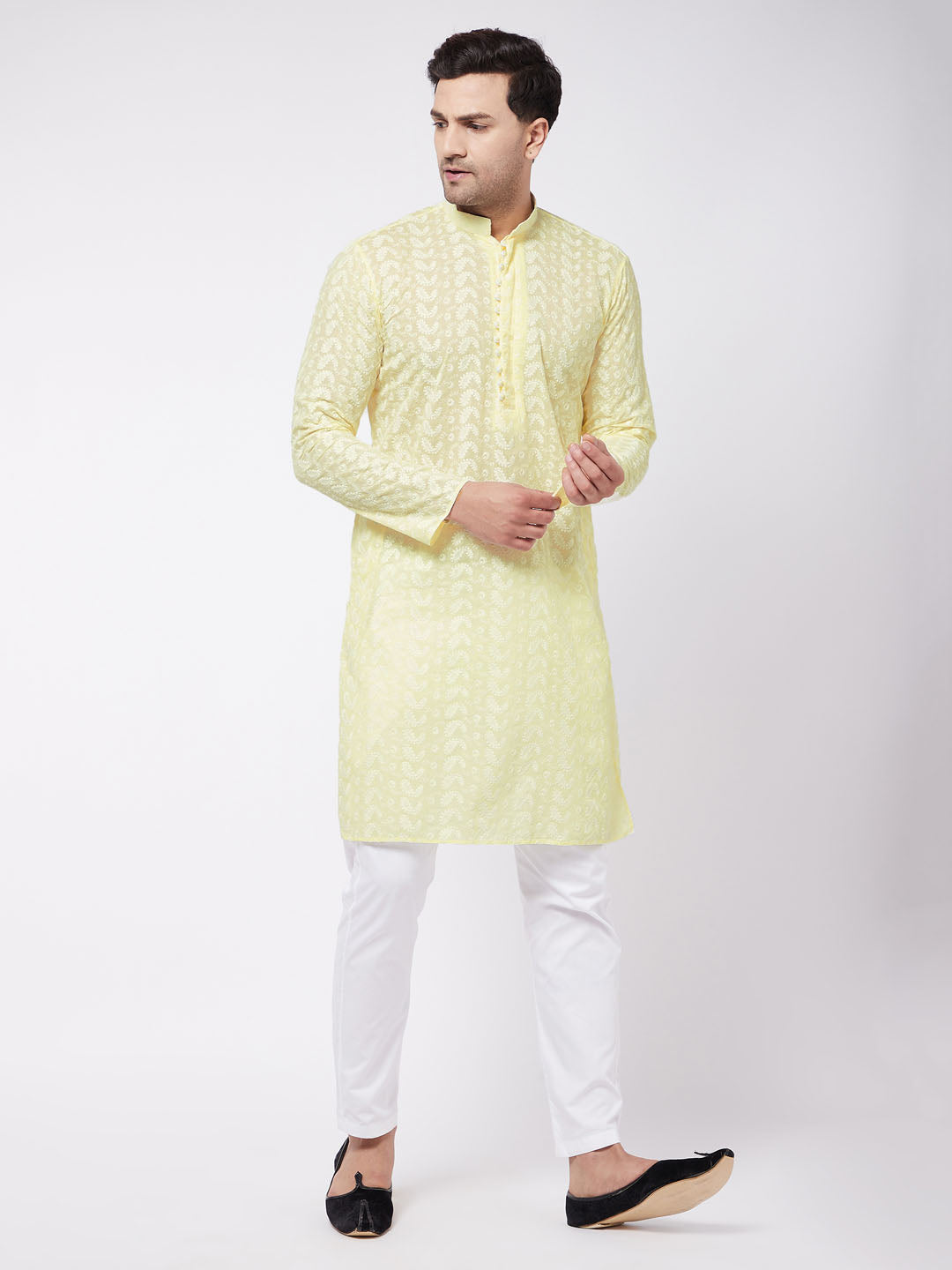 Men's Yellow And White Pure Cotton Kurta Pyjama Set - Vastramay