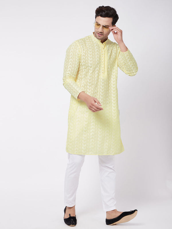 Jashvi Men's Yellow Pure Cotton Chikankari Kurta With Pant Set