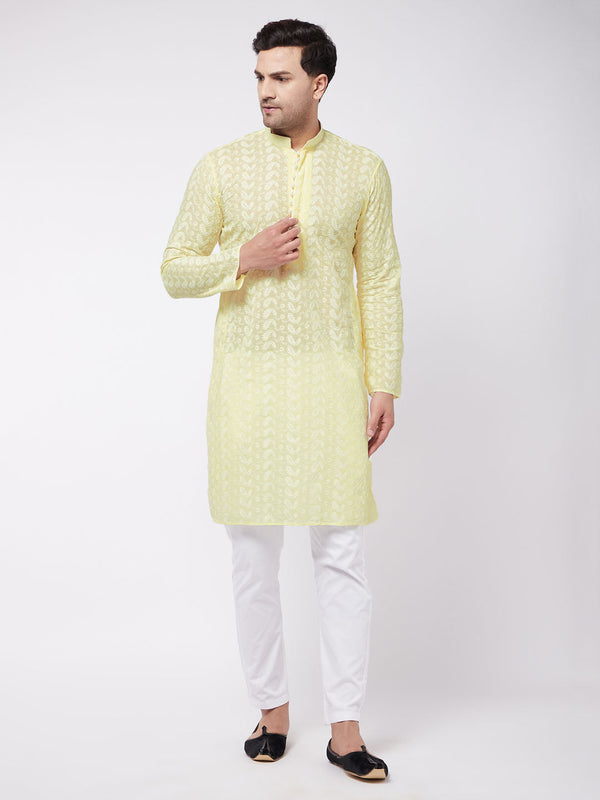 Jashvi Men's Yellow Pure Cotton Chikankari Kurta With Pant set