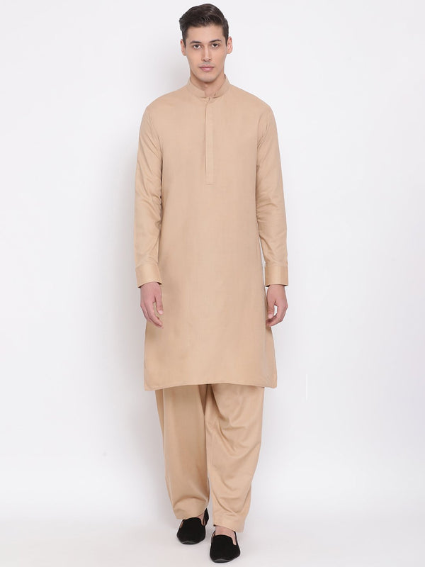 Men's Beige Cotton Blend Kurta and Pyjama Set - Vastramay