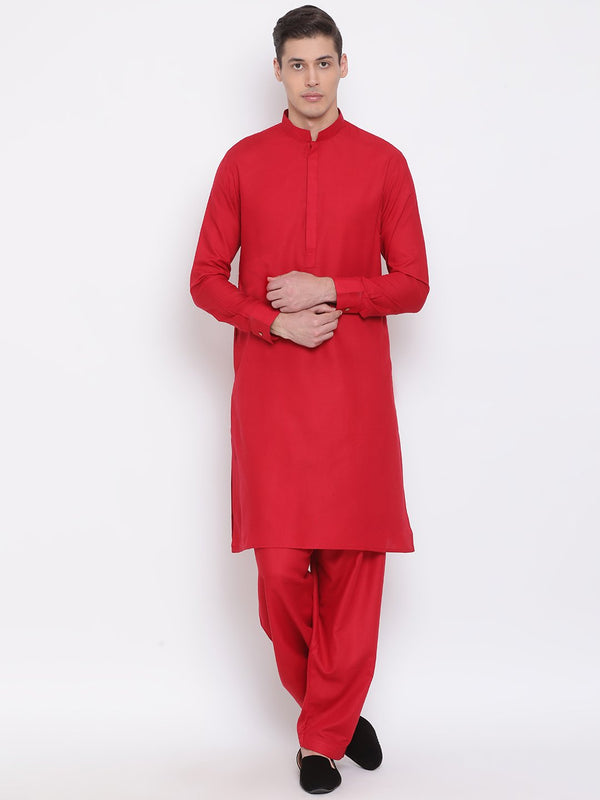 Men's Maroon Cotton Blend Kurta and Pyjama Set - Vastramay