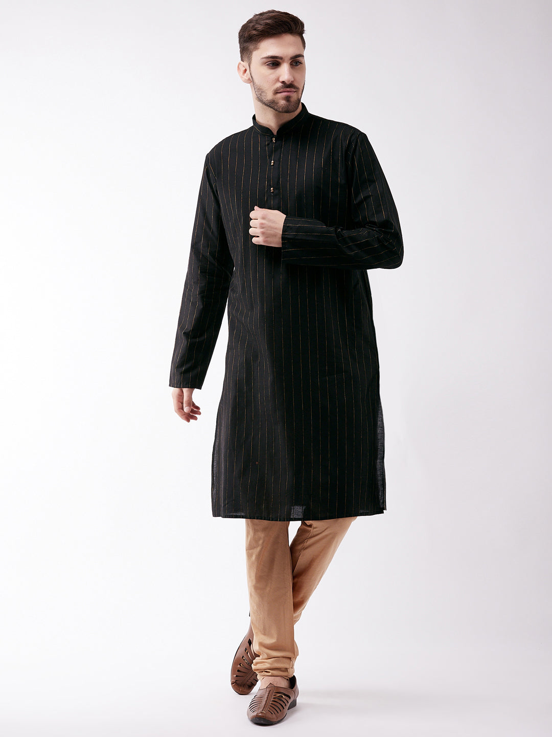 Men's Black And Rose Gold Cotton Blend Kurta Pyjama Set - Vastramay