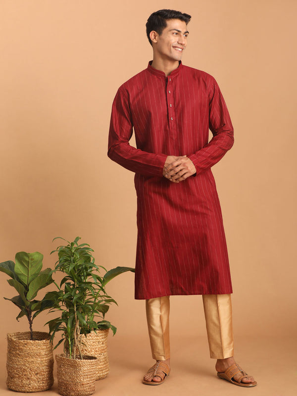 Jashvi Men's Maroon Striped Kurta And Rose Gold Pant Set