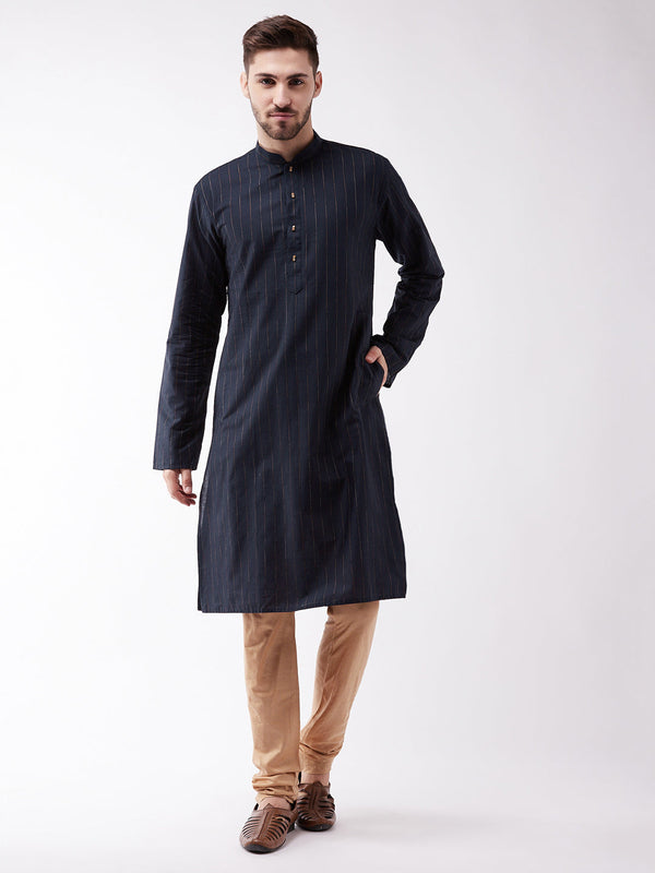 Jashvi Men's Navy Blue And Rose Gold Cotton Blend Kurta Pyjama Set