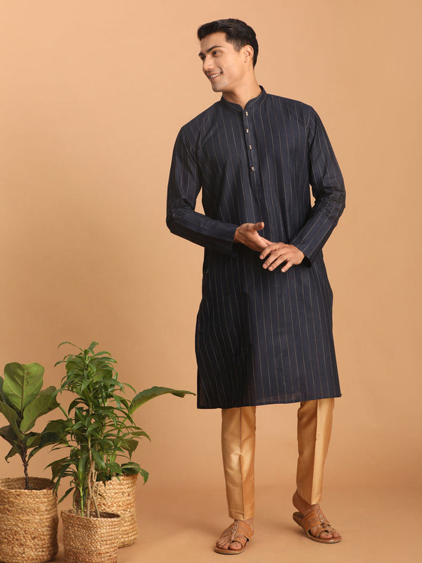 Jashvi Men's Navy Blue Striped Kurta And Rose Gold Pant Set