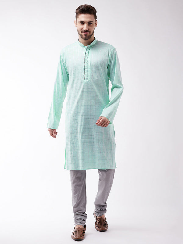 Jashvi Men's Aqua Blue And Grey Cotton Blend Kurta Pyjama Set