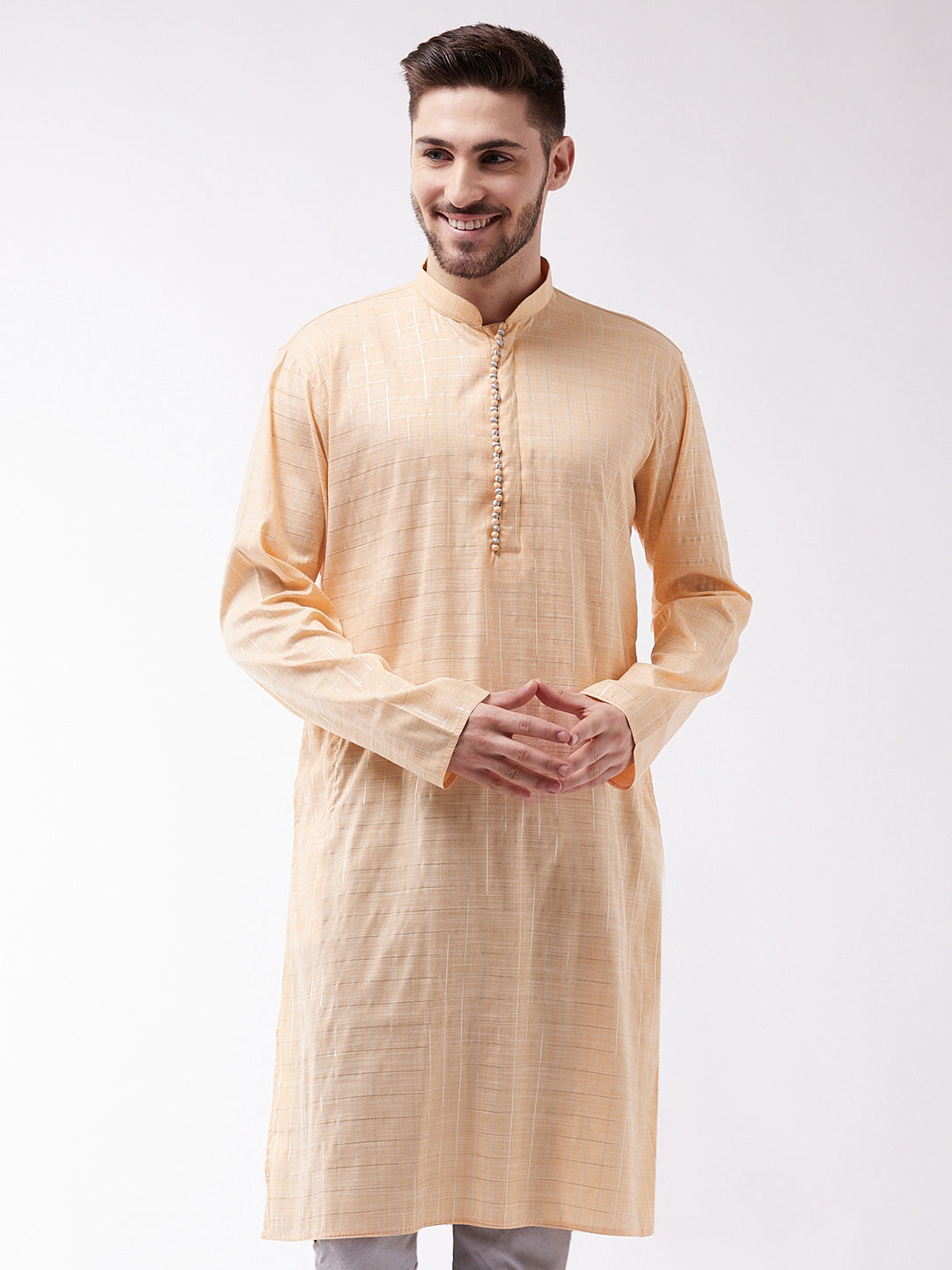 Men's Peach Cotton Blend Kurta - Vastramay