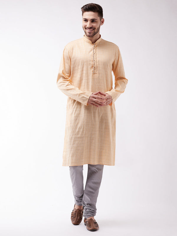 Jashvi Men's Peach And Grey Cotton Blend Kurta Pyjama Set