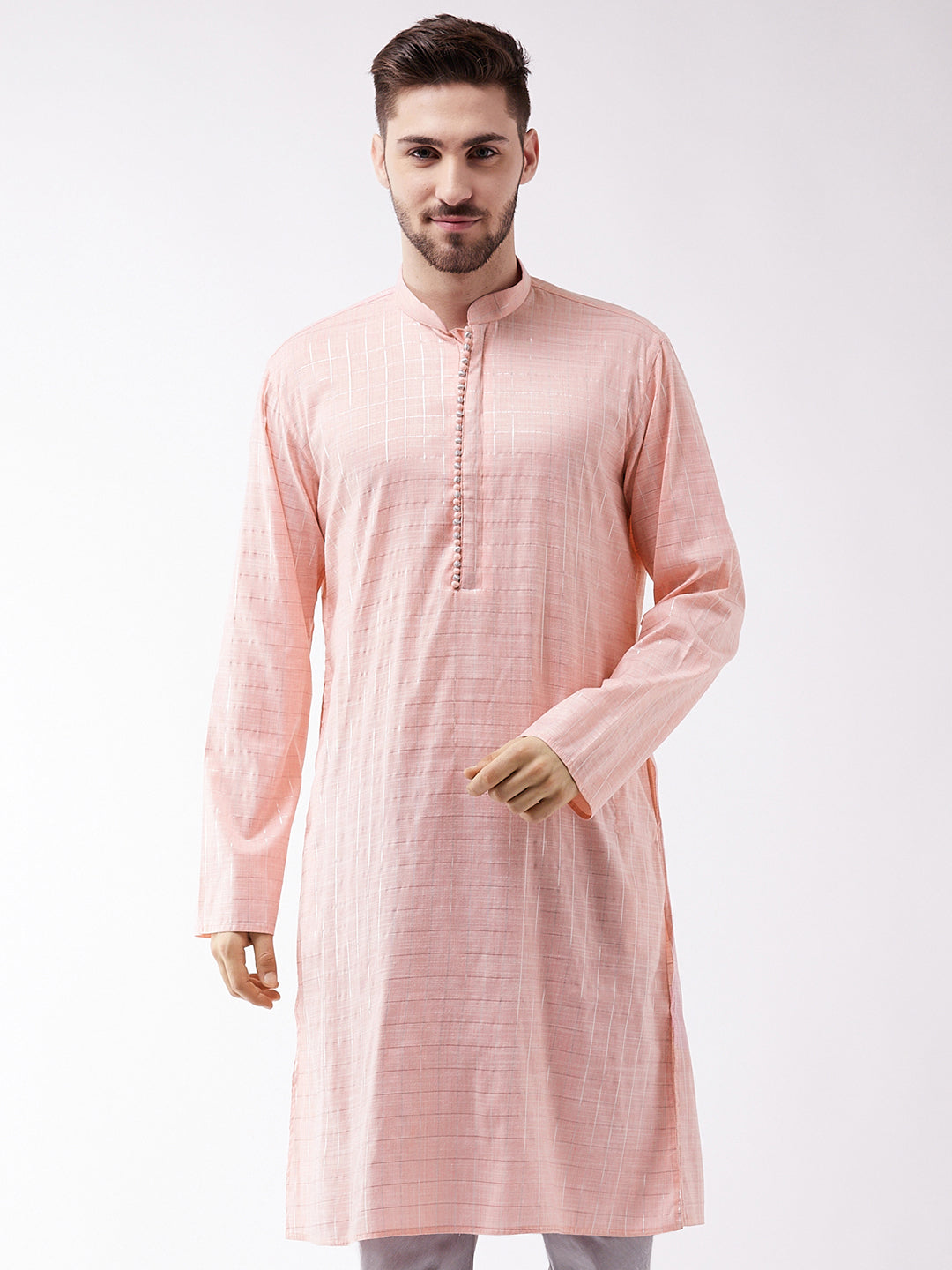 Men's Pink Cotton Blend Kurta - Vastramay