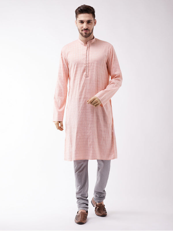 Jashvi Men's Pink And Grey Cotton Blend Kurta Pyjama Set