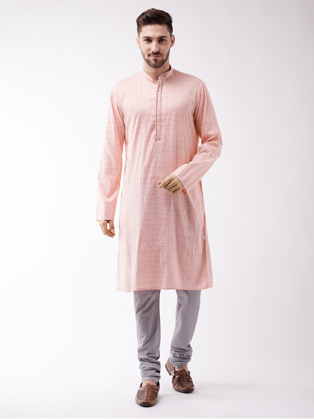 Men's Pink And Grey Cotton Blend Kurta Pyjama Set - Vastramay