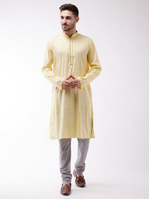 Jashvi Men's Yellow And Grey Cotton Blend Kurta Pyjama Set