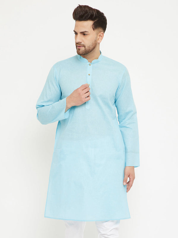 Jashvi  Men's Aqua Cotton Blend Kurta