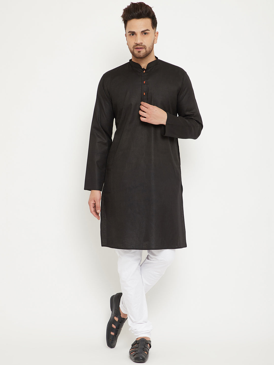 Men's Black And White Cotton Blend Kurta Pyjama Set - Vastramay