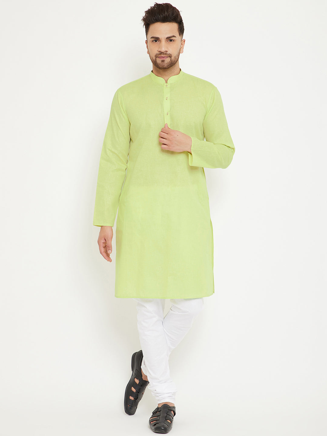 Men's Green And White Cotton Blend Kurta Pyjama Set - Vastramay