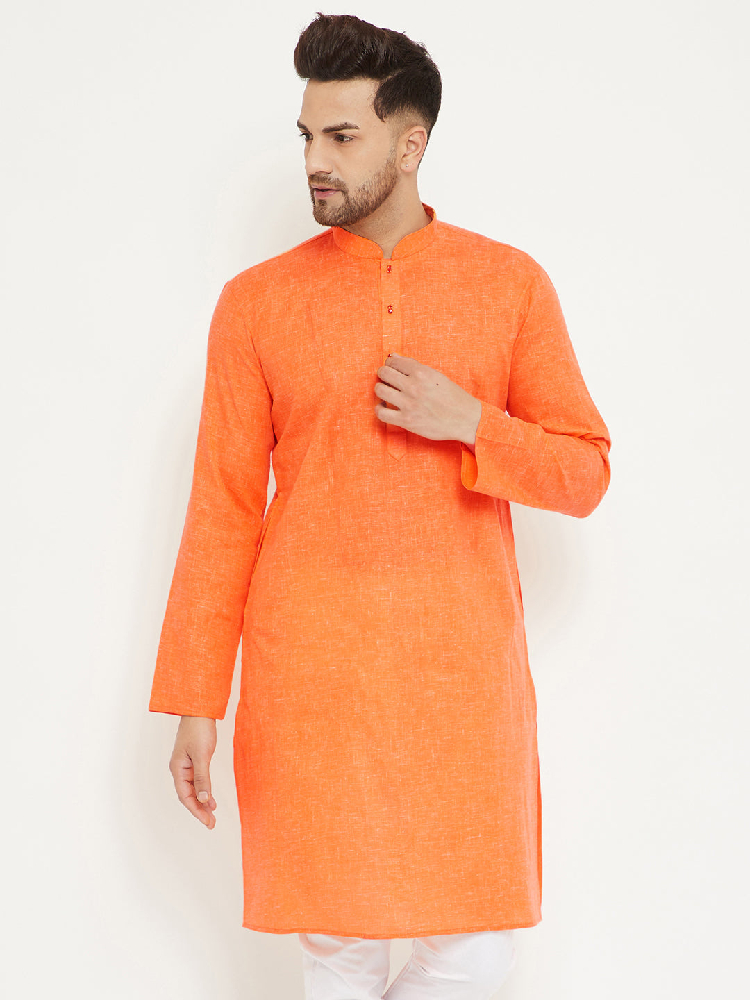 Men's Orange Cotton Blend Kurta - Vastramay