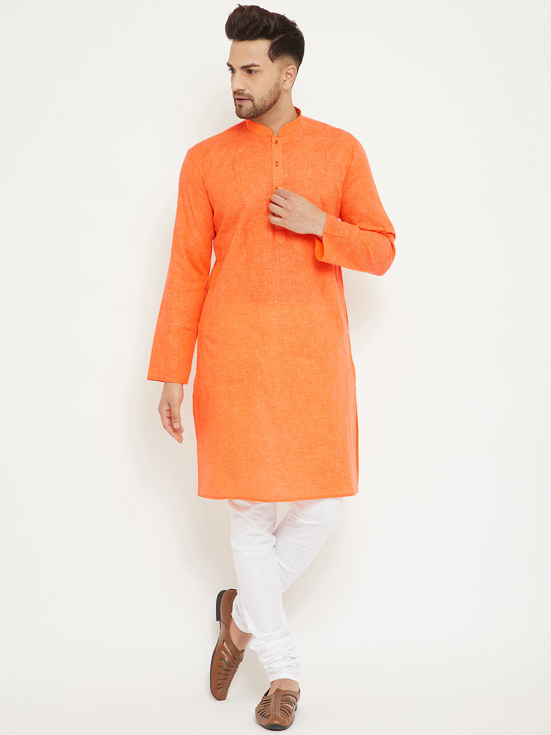 Men's Orange And White Cotton Blend Kurta Pyjama Set - Vastramay