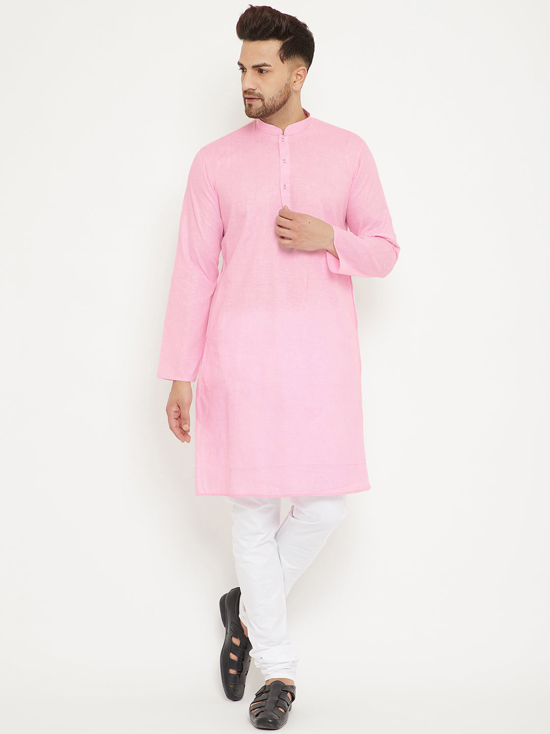 Men's Pink And White Cotton Blend Kurta Pyjama Set - Vastramay