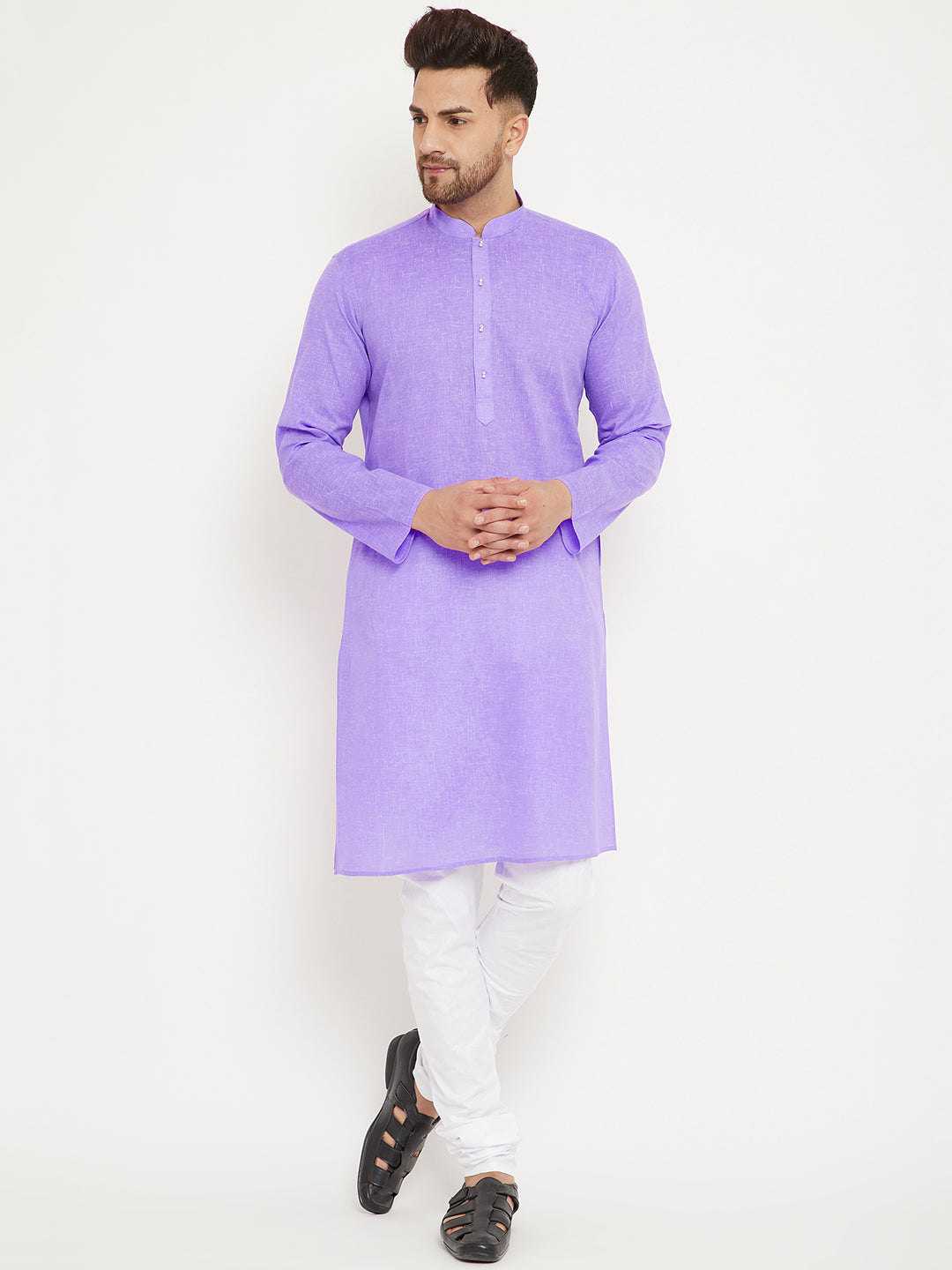 Men's Purple And White Cotton Blend Kurta Pyjama Set - Vastramay