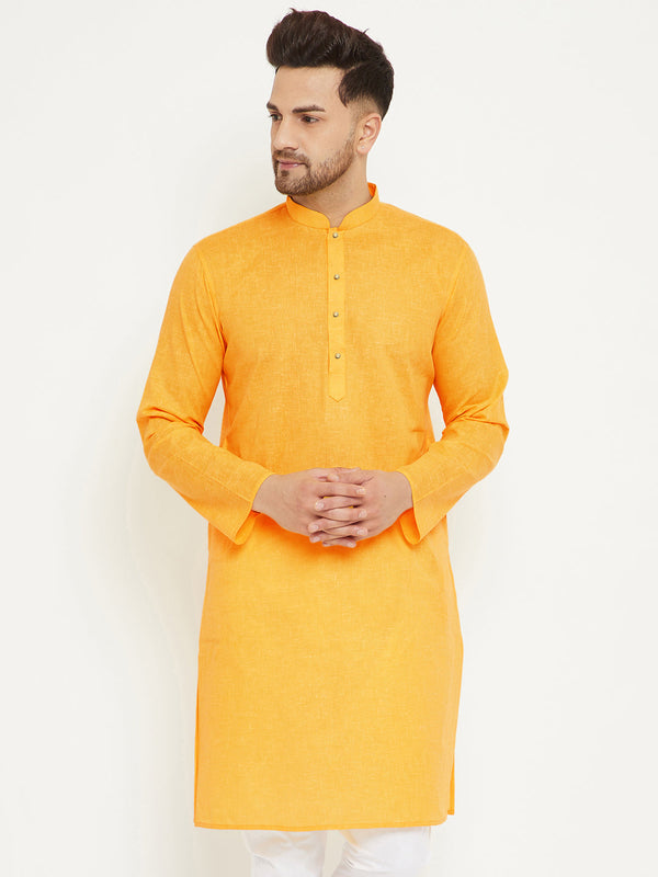 Jashvi Men's Yellow Cotton Blend Kurta