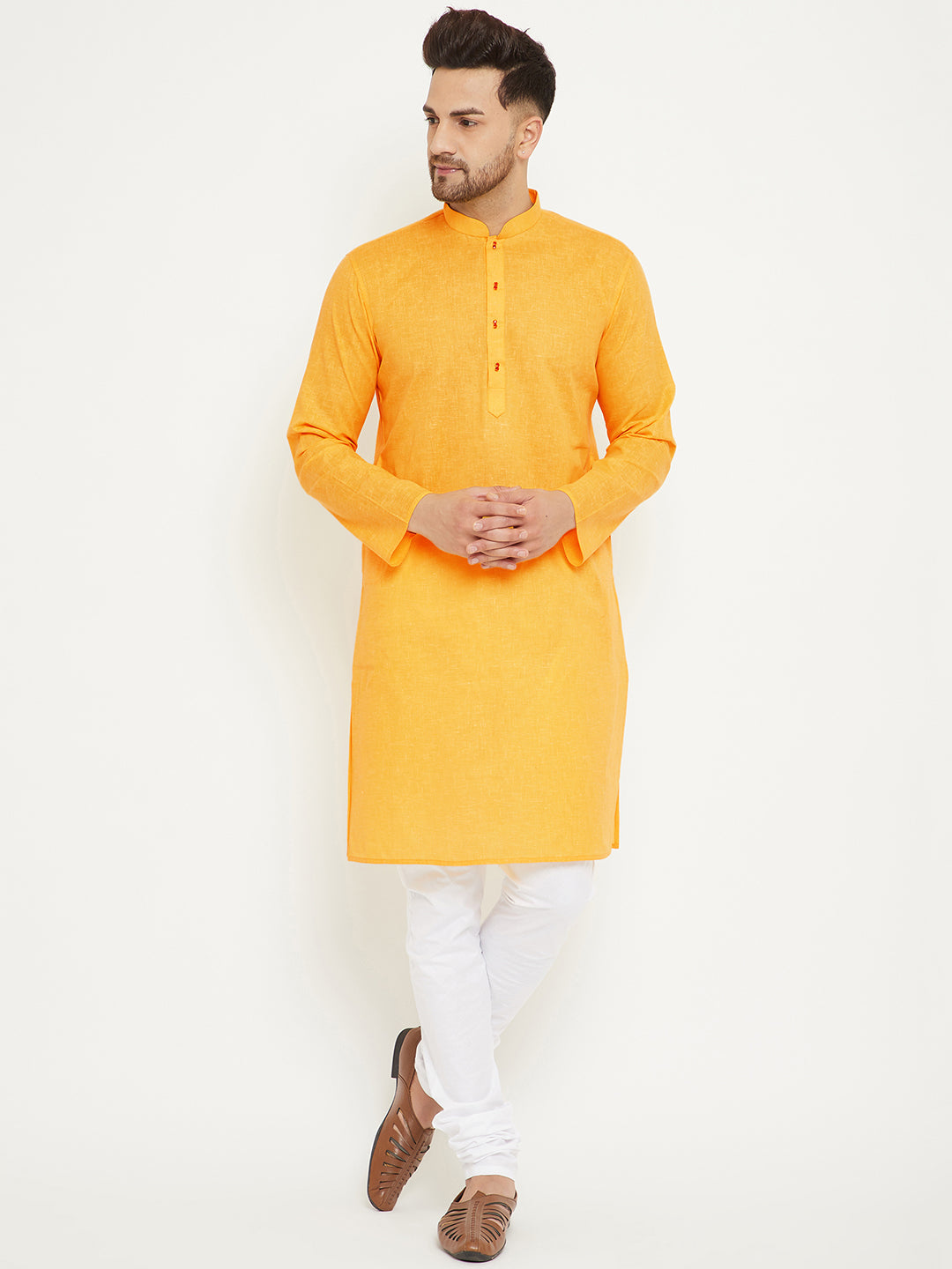 Men's Yellow And White Cotton Blend Kurta Pyjama Set - Vastramay