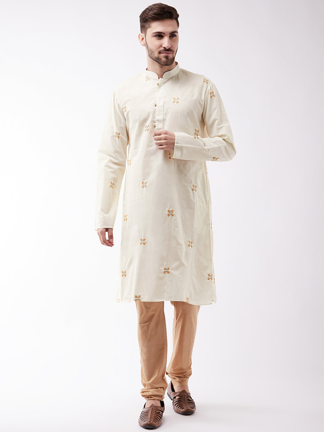 Men's Cream And Rose Gold Kurta And Pyjama Set - Vastramay