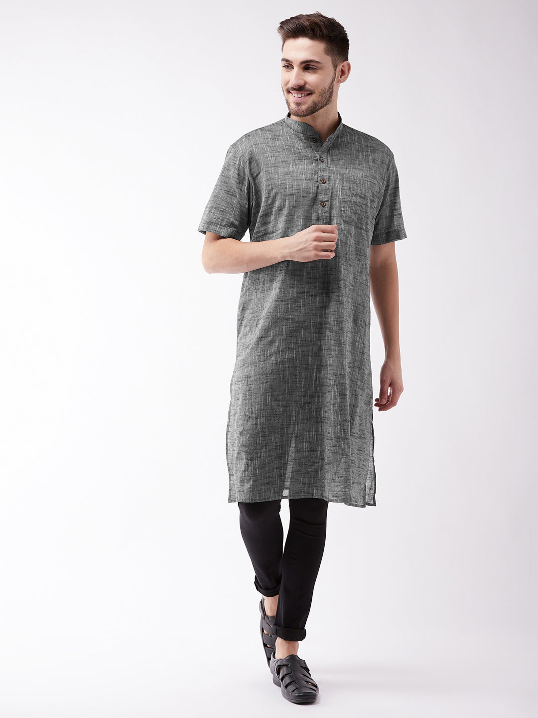 Men's Solid Grey Pure Cotton Kurta - Vastramay