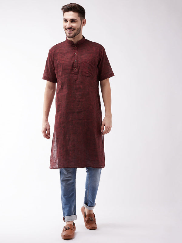 Jashvi Men's Solid Maroon Pure Cotton Kurta