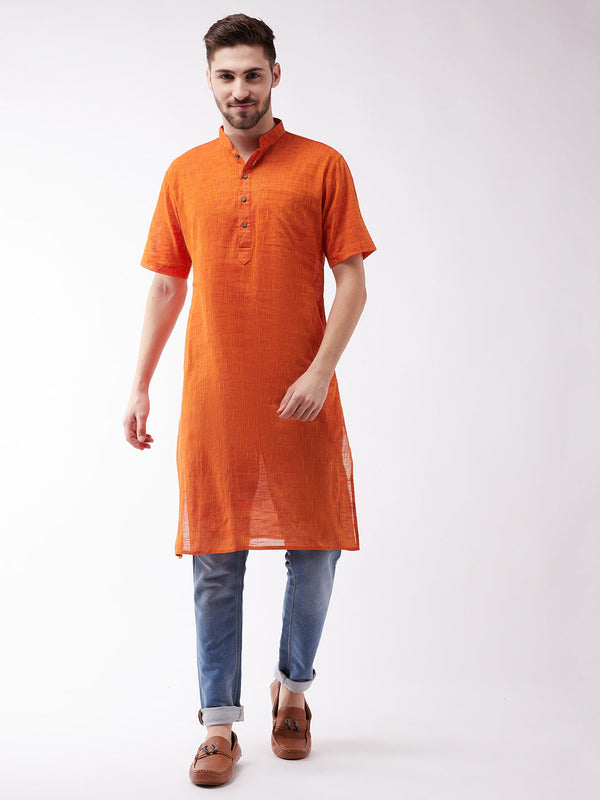 Jashvi Men's Solid Orange Pure Cotton Kurta