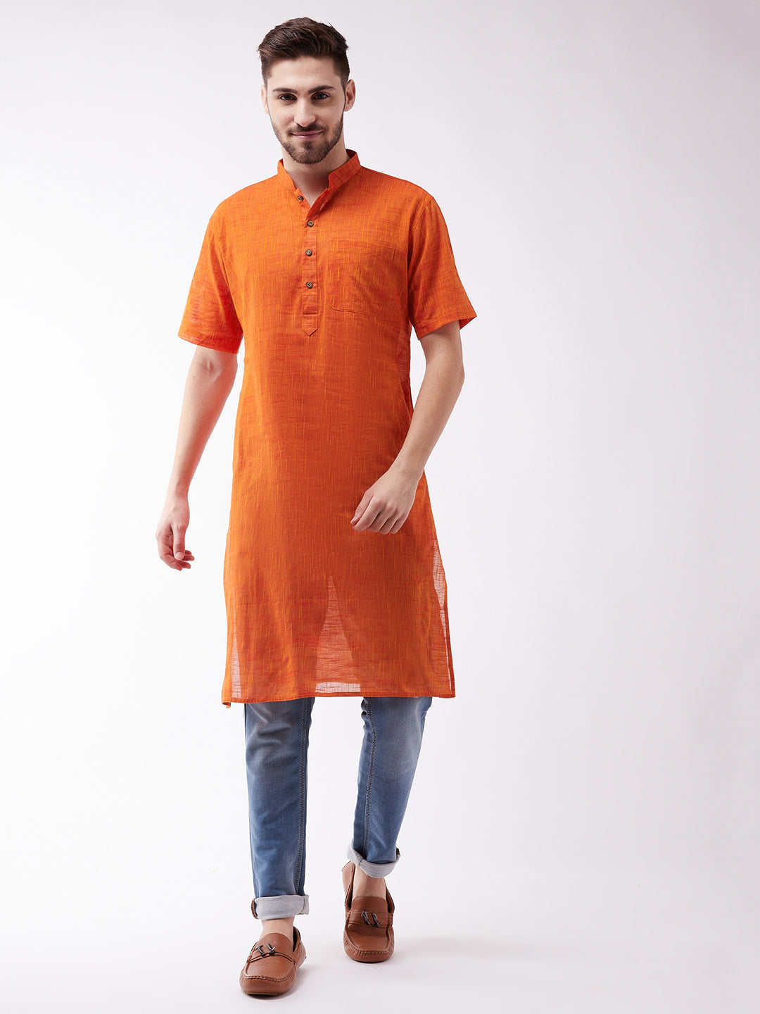 Men's Solid Orange Pure Cotton Kurta - Vastramay